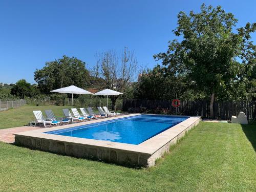 una piscina con sillas y sombrillas en un patio en 6 bedroom countryhouse with pool - Casa do Sepião, en Vinhal