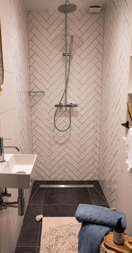 a bathroom with a white sink and a shower at Gastenverblijf de Vense Weide in Venlo