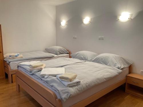 two beds in a room with towels on them at TURISTIČNA KMETIJA STREVC in Solčava
