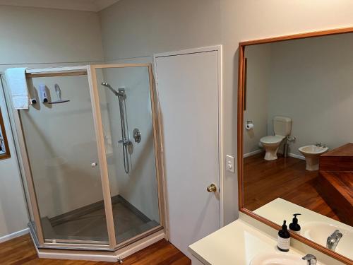 a bathroom with a shower and a sink and a mirror at Coastal Lodge Kekerengu in Kekerengu
