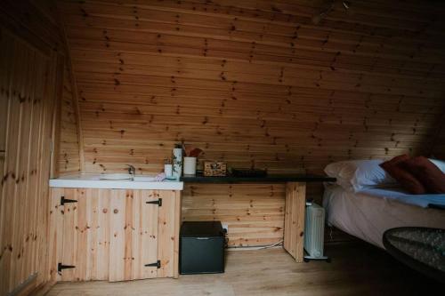 a bathroom with a sink and a bed in a room at River Side Cabin with Hot tub Snowdonia in Barmouth