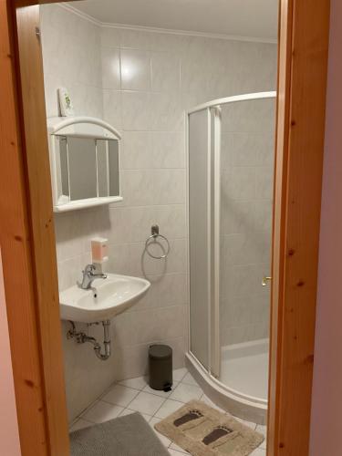 a bathroom with a shower and a sink at TURISTIČNA KMETIJA STREVC in Solčava