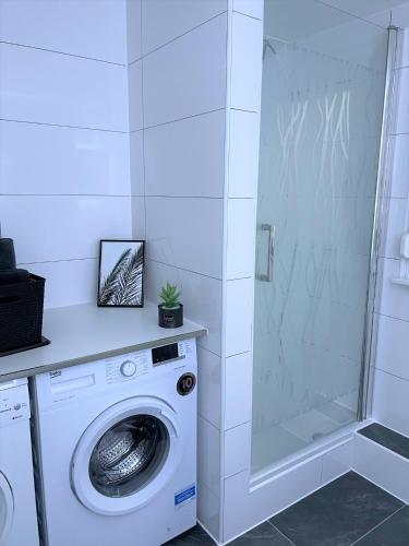 a washing machine in a bathroom with a shower at Alte Schule, Ferien- und Monteurwohnung in Gernsbach