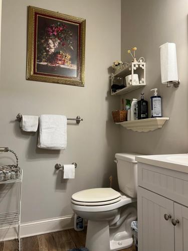 y baño con aseo blanco y lavamanos. en Private Entrance Cozy Room at Heart of Chattanooga, en Chattanooga