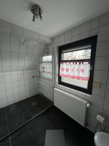 y baño con ducha, ventana y lavamanos. en Landhaus Bavaria, en Bad Nauheim