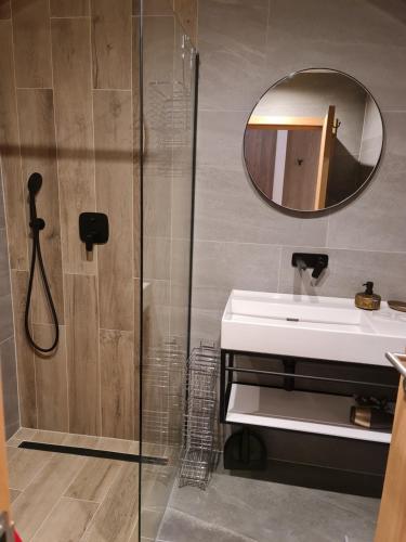 a bathroom with a sink and a mirror at Apartman Veka-Hotel Ovruč in Štrbské Pleso