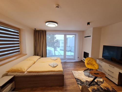 1 dormitorio con 1 cama, TV y silla en Apartman Veka-Hotel Ovruč, en Vysoké Tatry