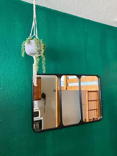 un miroir sur un mur vert avec un mur vert dans l'établissement Le Petit La Mongie, à Bagnères-de-Bigorre
