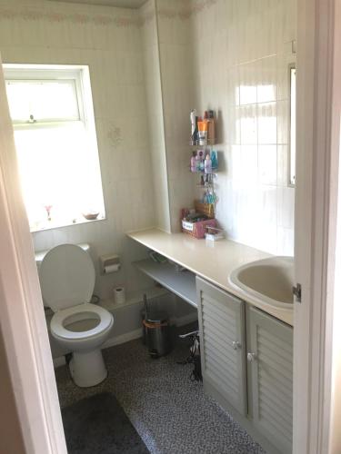 La salle de bains est pourvue de toilettes, d'un lavabo et d'une fenêtre. dans l'établissement educatefirst, à Christchurch