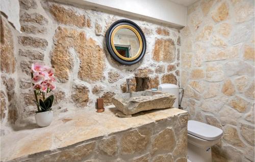 Baño con paredes de piedra, aseo y espejo en Beautiful Home In Vrgorac With Wifi, en Vrgorac