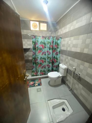 a bathroom with a toilet and a shower curtain at Omar Apartment in Wadi Musa