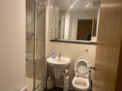 a bathroom with a toilet and a sink and a shower at City Centre 2 bedroom apartment, secure parking. in Glasgow