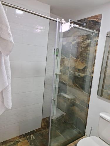 a glass shower in a bathroom with a toilet at Apartamento Completo Parqueadero - Ibagué - cerezo in Ibagué