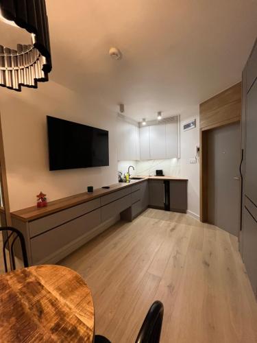 a living room with a flat screen tv and a table at Gold Pearl Zegrze in Serock