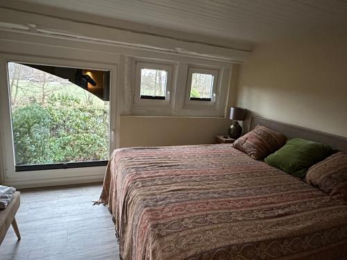 a bedroom with a bed and a large window at Ferienwohnung St. Dionyser Heidedorf EG7 in Sankt Dionys