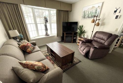 uma sala de estar com dois sofás e uma televisão em Mountain View Suite Sleeps 4 Ski OnOff Jiminy Peak em Hancock