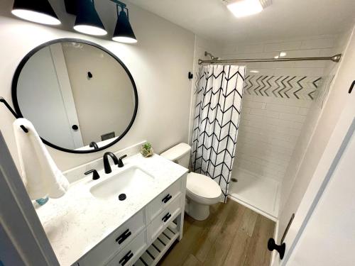 a bathroom with a sink and a mirror and a shower at Newly Remodeled Mid-Century Modern Lake Condo in Lake Geneva