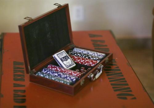a wooden box filled with batteries on a table at ALDEA JO-YAH in Tulum