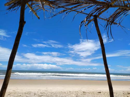 two palm trees on a beach with the ocean at Casa Amarela na Praia de Guaibim-Taquari in Guaibim