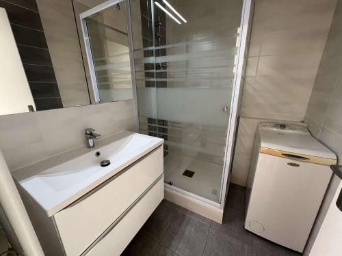 une salle de bain avec un lavabo blanc et une douche dans l'établissement 3P, Parking, Calme, Lave-Linge, Lave-Vaisselle, Animaux admis - FR-1-702-35, au Cap d'Agde