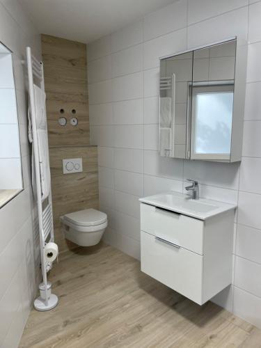 een witte badkamer met een toilet en een wastafel bij Schöne Wohnung Nr.: 5 in Eppelborn