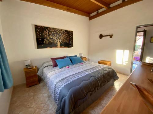een slaapkamer met een bed met blauwe kussens bij Vv Tasartico with hot tub in Tasartico