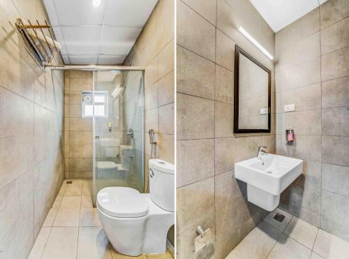 清奈的住宿－Rohaan Inn - UPAR Hotels Ashok Nagar，浴室的两张照片,配有卫生间和水槽