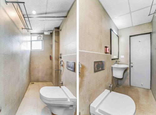a bathroom with a toilet and a sink at Upar Hotels Nungambakkam Nearby US Consulate Apollo hospital Sankara Nethralaya in Chennai