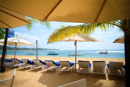 a group of chairs and umbrellas on a beach at Kingfisher Bamboo Garden Villa in Unawatuna