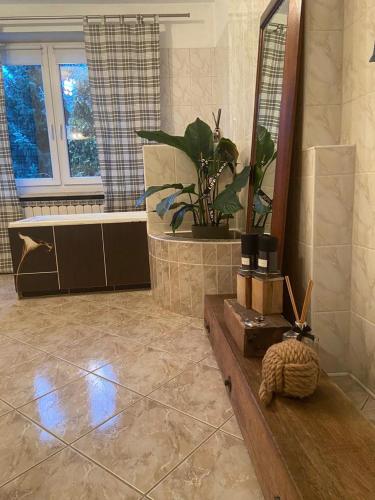 a large bathroom with a mirror and a tub and a mirror at Lux Plus apartament Chodzież, Zwycięstwa 13 in Chodzież