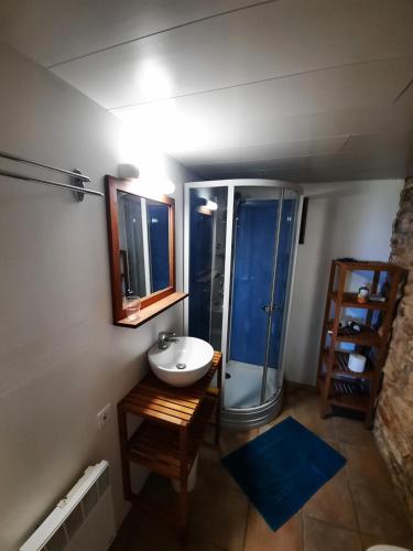 uma casa de banho com um lavatório e um chuveiro em Lou Cantou em Marnac