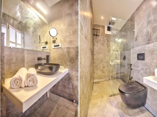 two images of a bathroom with a sink and a shower at Pajaros Blu in Calangute