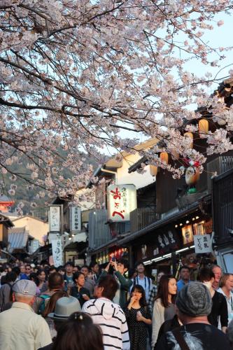 a crowd of people walking down a street under a tree at Le Studio 五条高倉 in Kyoto