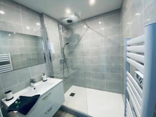 bagno con doccia, lavandino e specchio di T3 Hypercentre-dernier étage-Balcon-Garage-Queen beds-vue panoramique a Saint-Étienne