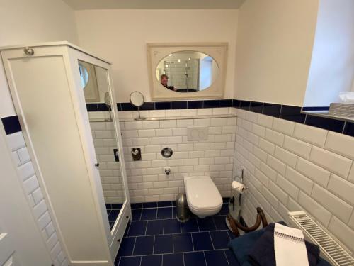 a bathroom with a toilet and a mirror at Ferienwohnung Bartel in Coburg