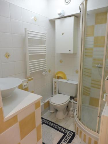une salle de bain avec toilettes, lavabo et douche dans l'établissement ABBAYE DU CAP Très joli T2 moderne proche port ABBAYE DU CAP Cap d'Agde, au Cap d'Agde