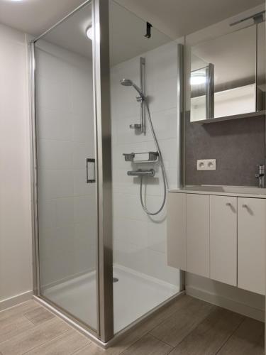 W łazience znajduje się prysznic ze szklanymi drzwiami. w obiekcie Sea Breeze 303 w mieście Nieuwpoort