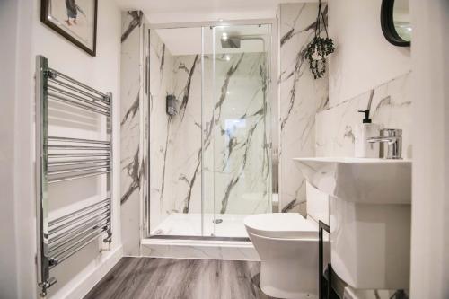 a bathroom with a shower and a toilet and a sink at Apartment 1 - The Crescent in York
