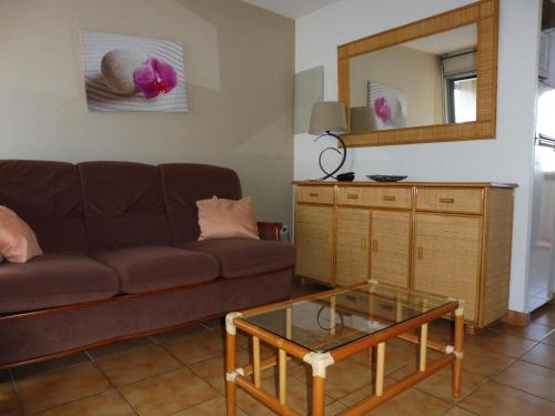 - un salon avec un canapé brun et un miroir dans l'établissement NAUTICAP Joli T2 alcôve piscine tennis NAUTICAP Plage Richelieu cap d'Agde, au Cap d'Agde
