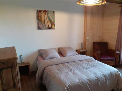 a bedroom with a bed and a chandelier at Au coeur de la nature avec toilettes sèches in Saint-Martin-du-Fouilloux
