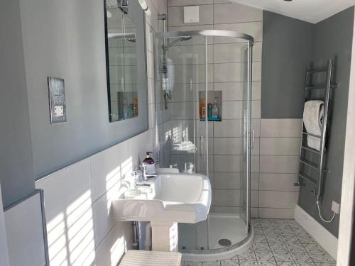 a bathroom with a sink and a shower at Cosy Country Cottage; Brecon Beacons in Crickhowell