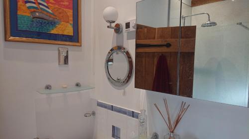 uma casa de banho com um chuveiro e um espelho na parede em Charming 17th Century 2-Bed Cottage in Medmenham em Medmenham