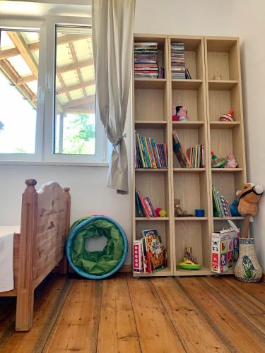 a room with a book shelf with books at Siedlisko Wiłkupie, Dom na wzgórzu in Wilkupie