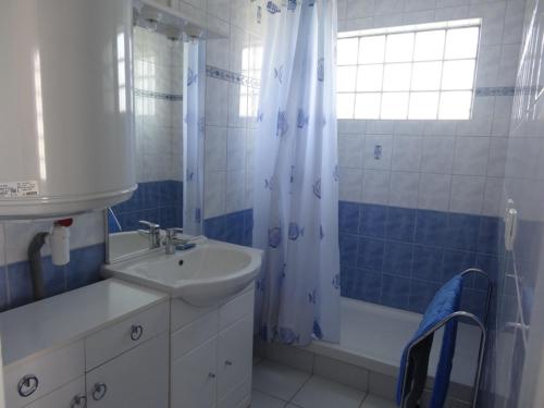 y baño azul y blanco con lavabo y ducha. en Maison L'Aiguillon-sur-Mer, 4 pièces, 5 personnes - FR-1-476-2, en LʼAiguillon-sur-Mer