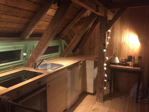 eine Küche mit einem Waschbecken und einer Holzdecke in der Unterkunft ENJOY Cozy HOME Hills & Forest & Views & Gardens & Sauna Whirlpool Bath in Jablonné v Podještědí