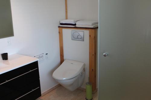 a bathroom with a white toilet and a sink at Den Japanske Have B & B in Herning