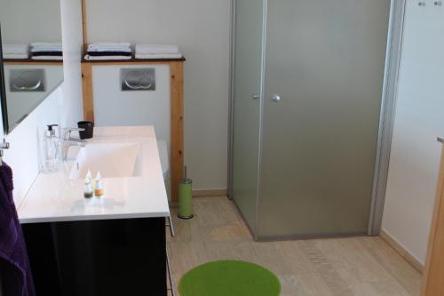 a bathroom with a white sink and a green rug at Den Japanske Have B & B in Herning