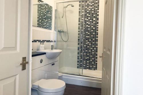 a bathroom with a shower and a toilet and a sink at Grade II Townhouse, Ledbury in Ledbury