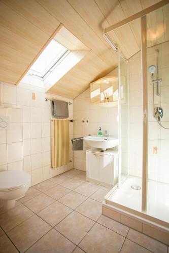 a bathroom with a toilet and a sink and a shower at Gästehaus Poppler in Hopferau