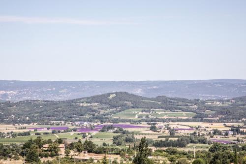 vista su una città con alberi e campi di Le Clos Du Buis a Bonnieux